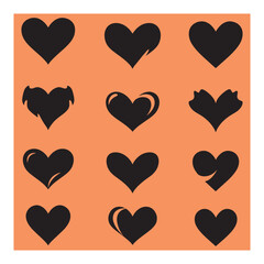 Poster - Collection of black heart icons with various styles on a light orange background