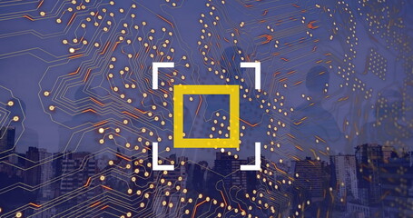 Poster - Image of integrated circuit and scanning over cityscape