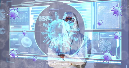 Poster - Image of purple virus cells over caucasian male lab worker and digital screen