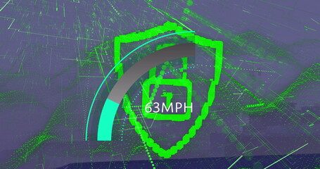 Poster - Image of speedometer and digital padlock over cityscape