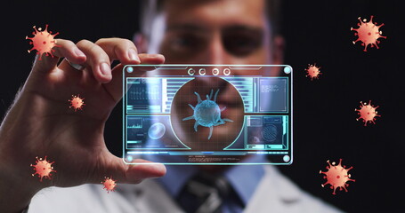 Poster - Image of orange virus cells over caucasian male lab worker with digital card with virus data
