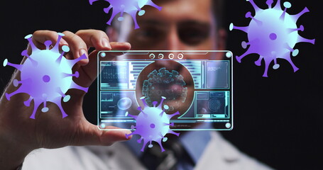 Poster - Image of purple virus cells over caucasian male lab worker with digital card with virus data