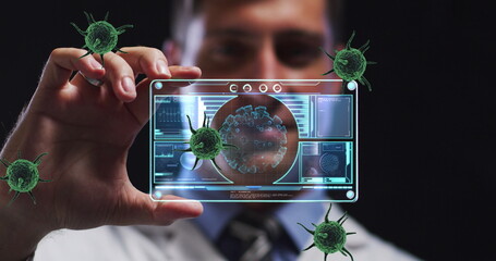 Poster - Image of covid 19 cells and data processing on screen over caucasian male doctor