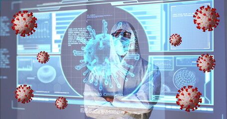 Poster - Image of covid 19 cells and data processing over caucasian male doctor in ppe suit