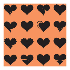 Poster - Set of black heart icons with different styles arranged on an orange background