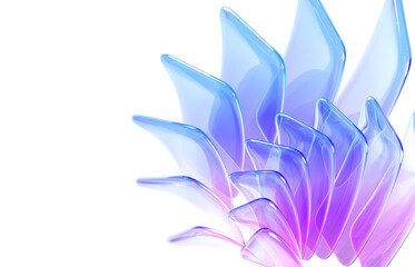Poster - 3d abstract geometric background with translucent rainbow glass in shape flower. Iridescent crystal rectangle curved wavy plates with blue and pink gradient texture, light refraction