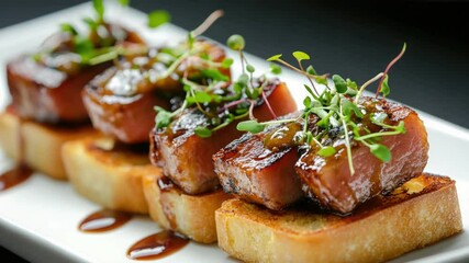 Poster - Sliced meat on a white plate with a savory sauce, perfect for dinner or lunch
