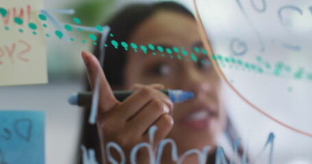 Poster - Image of graphs over woman talking in office