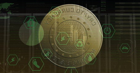 Poster - Image of coin with nft, icons and graphs over servers