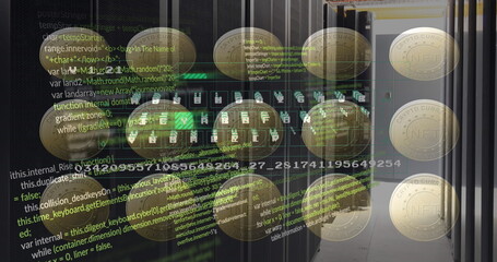 Poster - Image of coins with nft and data processing over servers
