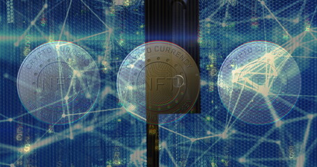 Poster - Image of coins with nft and connections over servers