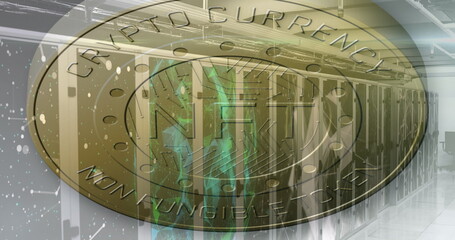 Poster - Image of coin with nft and shapes over servers