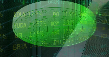 Poster - Image of coins with nft and financial graphs and data over servers