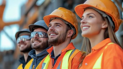 Poster - A group of construction workers standing together, ready for work