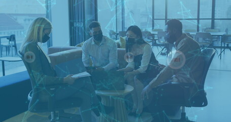 Poster - Image of data processing over diverse business people with face masks talking in office