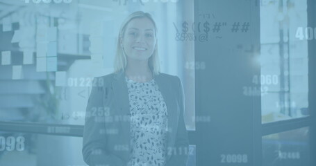 Poster - Image of data processing over caucasian businesswoman using smartphone in office