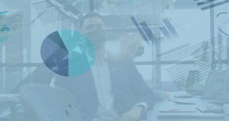 Poster - Image of data processing over diverse business people with face masks in office