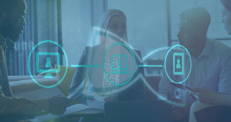 Poster - Image of data processing over diverse business people talking in office