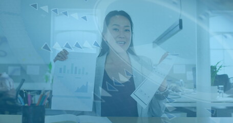 Poster - Image of data processing over asian businesswoman smiling in office