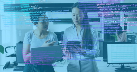 Poster - Image of data processing over diverse business people talking in office