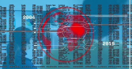 Poster - Image of data processing over diverse business people talking in office
