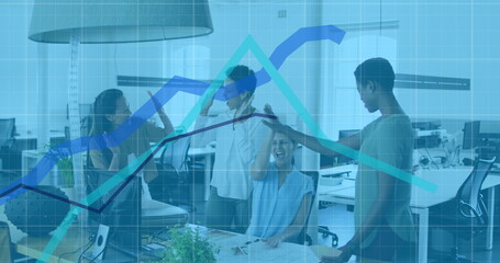 Poster - Image of data processing over diverse business people talking in office