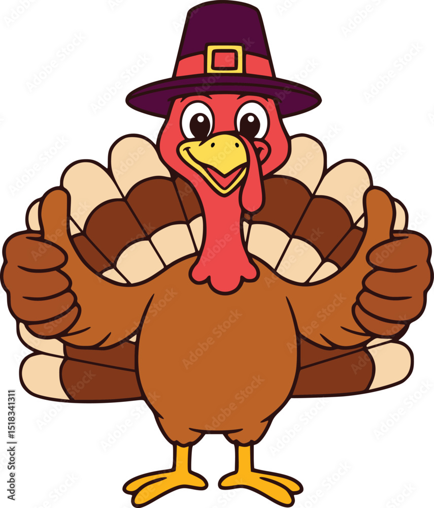Cheerful cartoon turkey wearing red pilgrim hat thanksgiving character ...