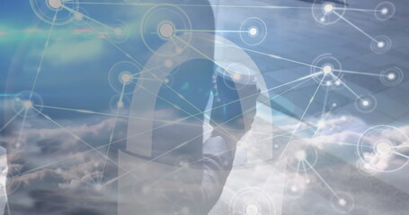 Poster - Image of network of connections over clouds and midsection of africanamerican businessman