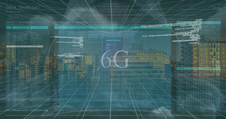 Poster - Image of data processing on screens and 6g over cityscape