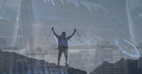Poster - Image of financial graphs and data over man in mountains