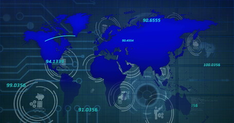 Poster - Image of blue world map and processing data over business icons connecting on blue motherboard