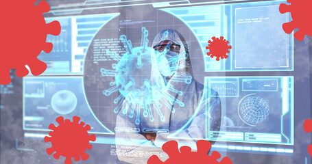 Poster - Image of covid 19 cells and data processing on interface over male medical worker in ppe suit