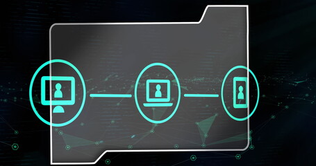 Poster - Image of file icon with people media icons over networks of connections on black background