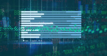 Poster - Image of statistics and layers of data processing over caucasian businesswoman holding briefcase
