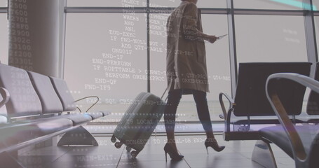 Poster - Image of data processing over businesswoman with tablet at airport
