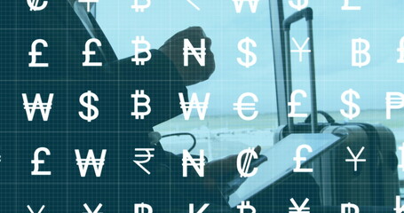 Poster - Image of currency symbols over hands of caucasian businessman with tablet