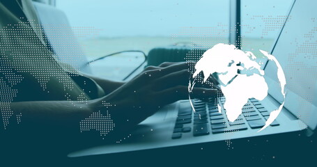 Poster - Image of world map and globe over caucasian businesswoman with computer