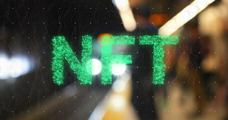 Poster - Image of green nft text over underground train arriving at metro station