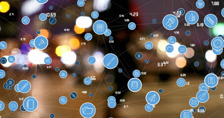 Poster - Image of connected media and social network icons and processing data over city street at night