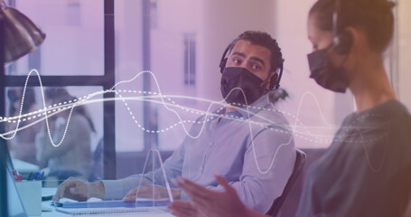 Poster - Image of data processing with white lines over diverse business people with face masks