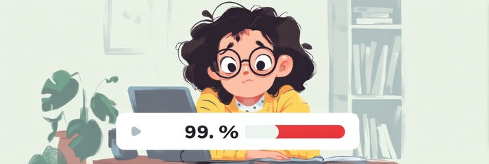 Fototapete - Loading Bar at 99 Percent With Anxious Character Expression in a Cozy Workspace Setting