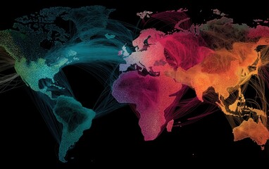 Poster - A vibrant, abstract map of the world showcasing interconnected lines and glowing regions against a dark background.