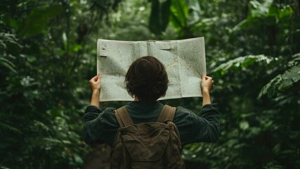 Poster - A person holding a map in the woods, perfect for outdoor adventures and explorations