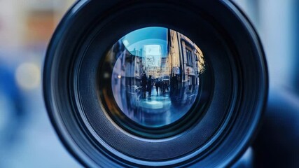 Aufkleber - Close-up shot of a camera lens with city buildings in the background, great for photography and tech-related concepts
