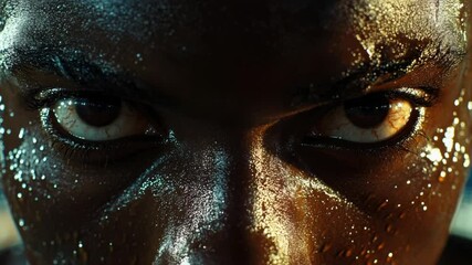 Poster - A close-up shot of a person's face with water droplets, possibly after a shower or bath