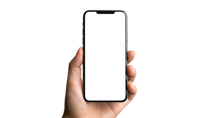 person's hand holding smartphone with blank white screen against black background