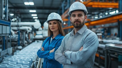Aufkleber - Two professionals, a woman and a man, stand confidently with their arms crossed in a busy manufacturing facility, reviewing equipment during the workday