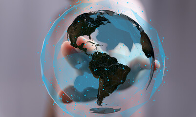 Poster - Hand holding a digital globe, symbolizing global network, internet, communication, and technology.