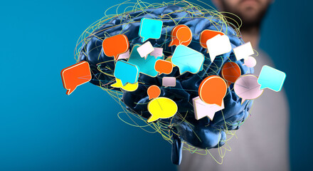 Poster - Abstract image of a brain with speech bubbles, representing communication, ideas, and mental processes.