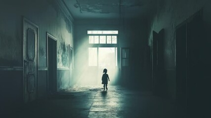 Poster - A little girl stands alone in a dimly lit hallway, looking curious and uncertain